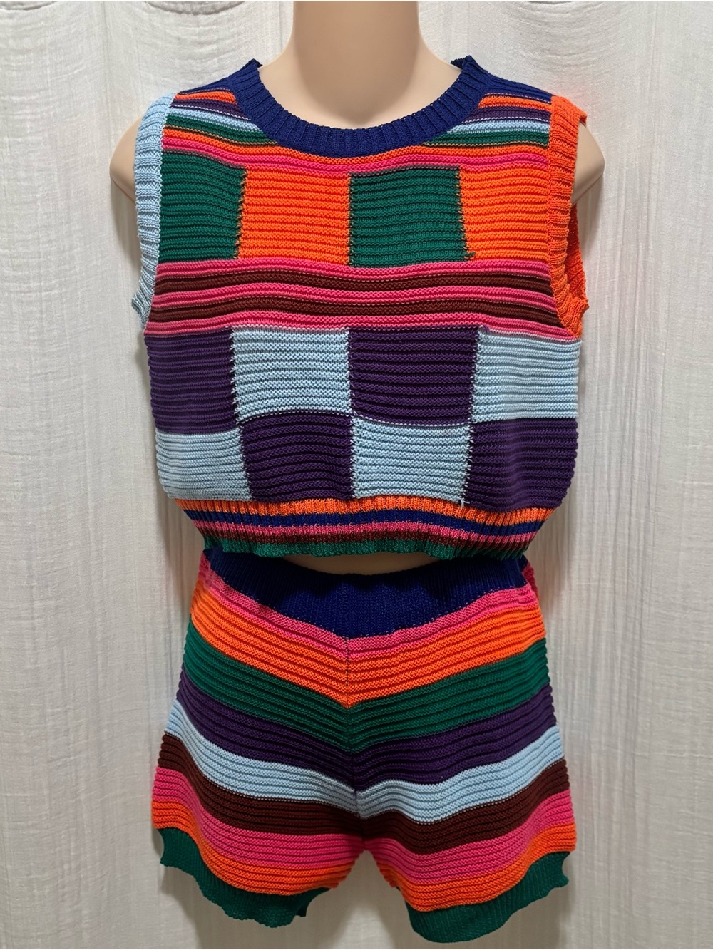 Retro Women's 2-Piece Knit Striped Sleeveless Crop Crew Sweater & Shorts Set S